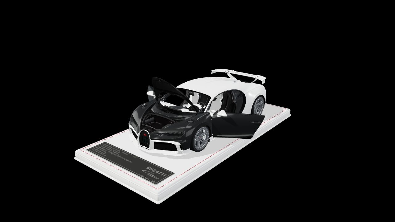 布加迪 Chiron Pur Sport 黑白碳纤维模型，搭配展示底座，双门与前盖打开
