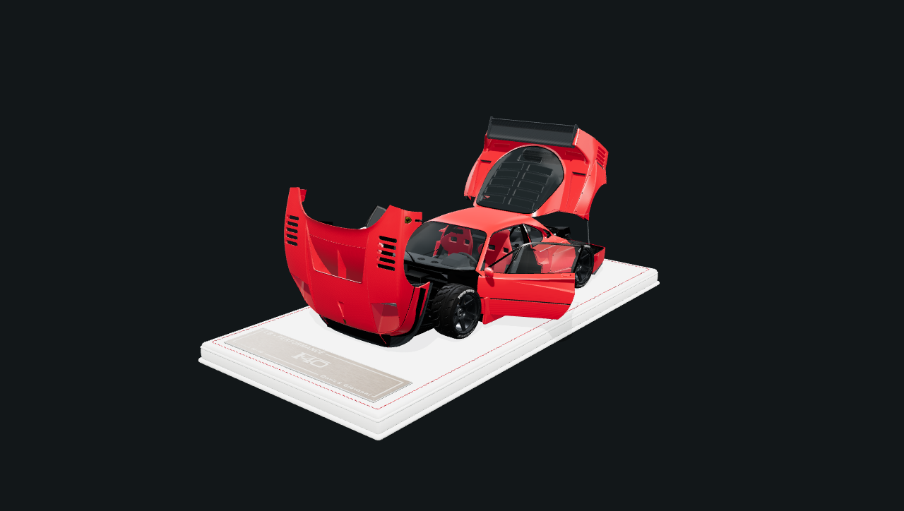红色 Ferrari LB-WORKS F40 实际模型，搭配白色展示底座，双门和前后大盖打开