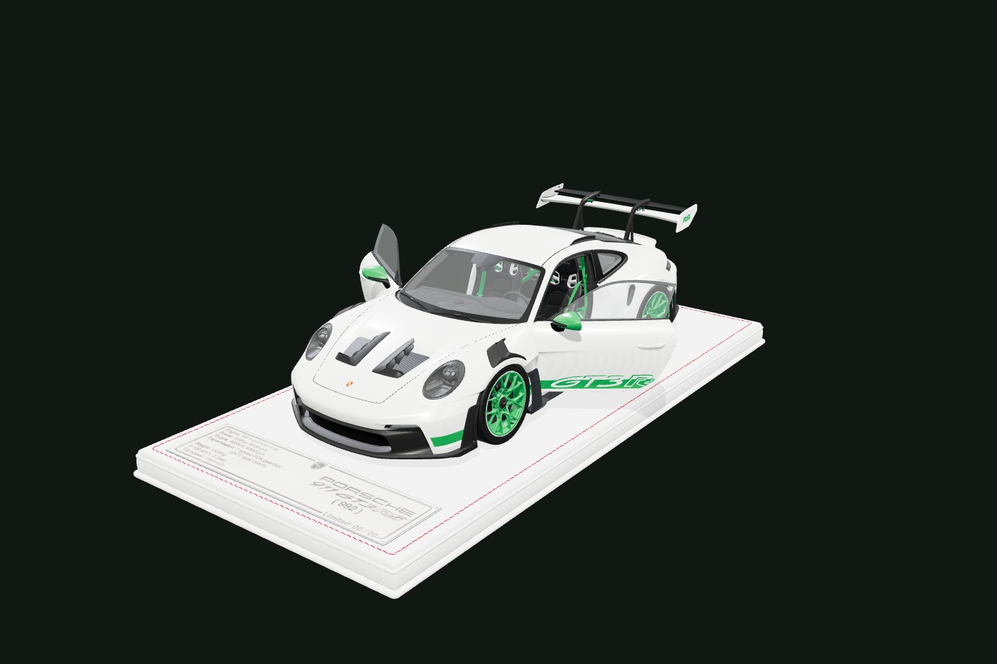 Porsche 992 GT3 RS 白绿 Tribute 实际三维模型，双门打开，搭配展示底座和车型铭牌